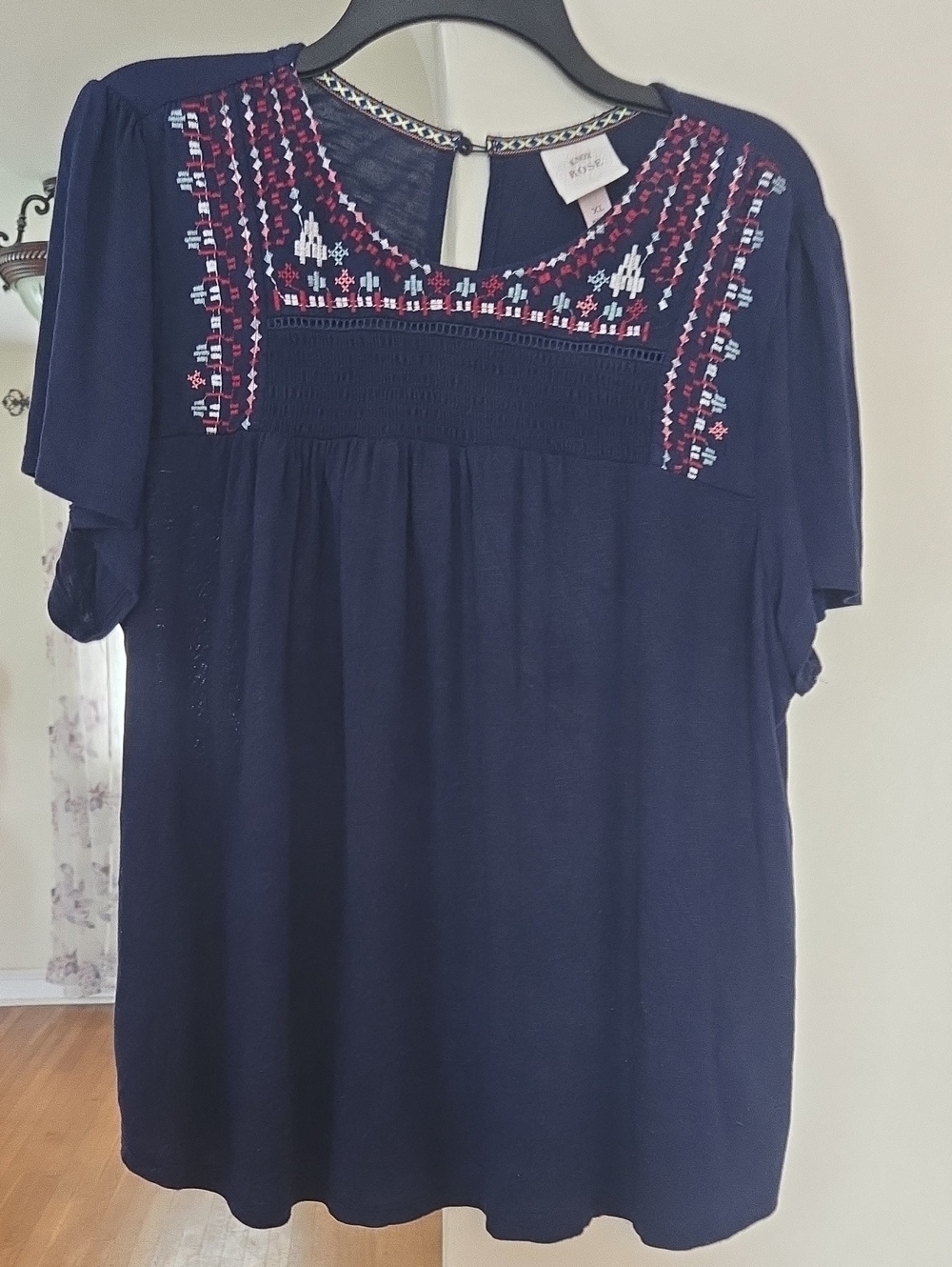 croft & barrow Navy Embroidered Yoke Flutter Sleeve Top
